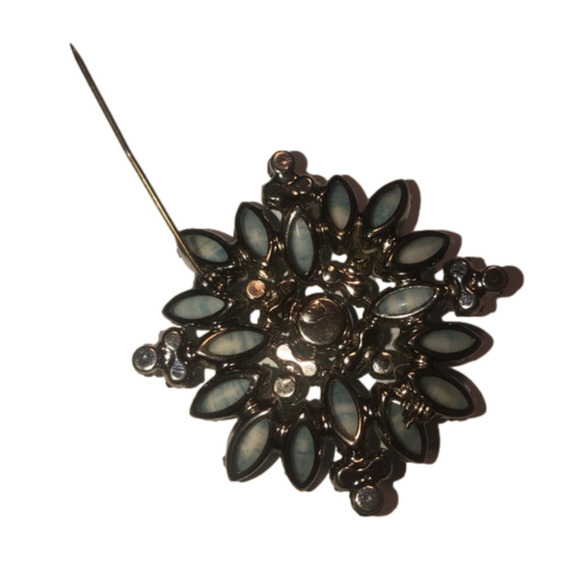 𝅺vtg Juliana DE Blue Stripe Milk Glass Rhinestone Flower Brooch 2” Confirmed - Picture 7 of 10